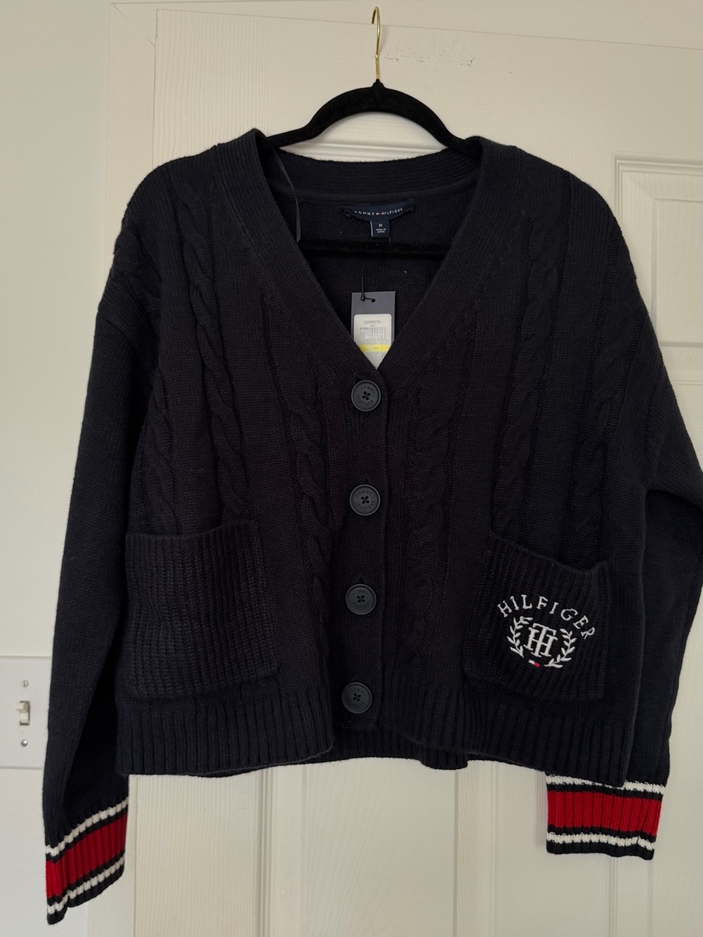 Tommy Hilfiger Black Cable-Knit Button Cardigan with Red & White Stripe Cuffs